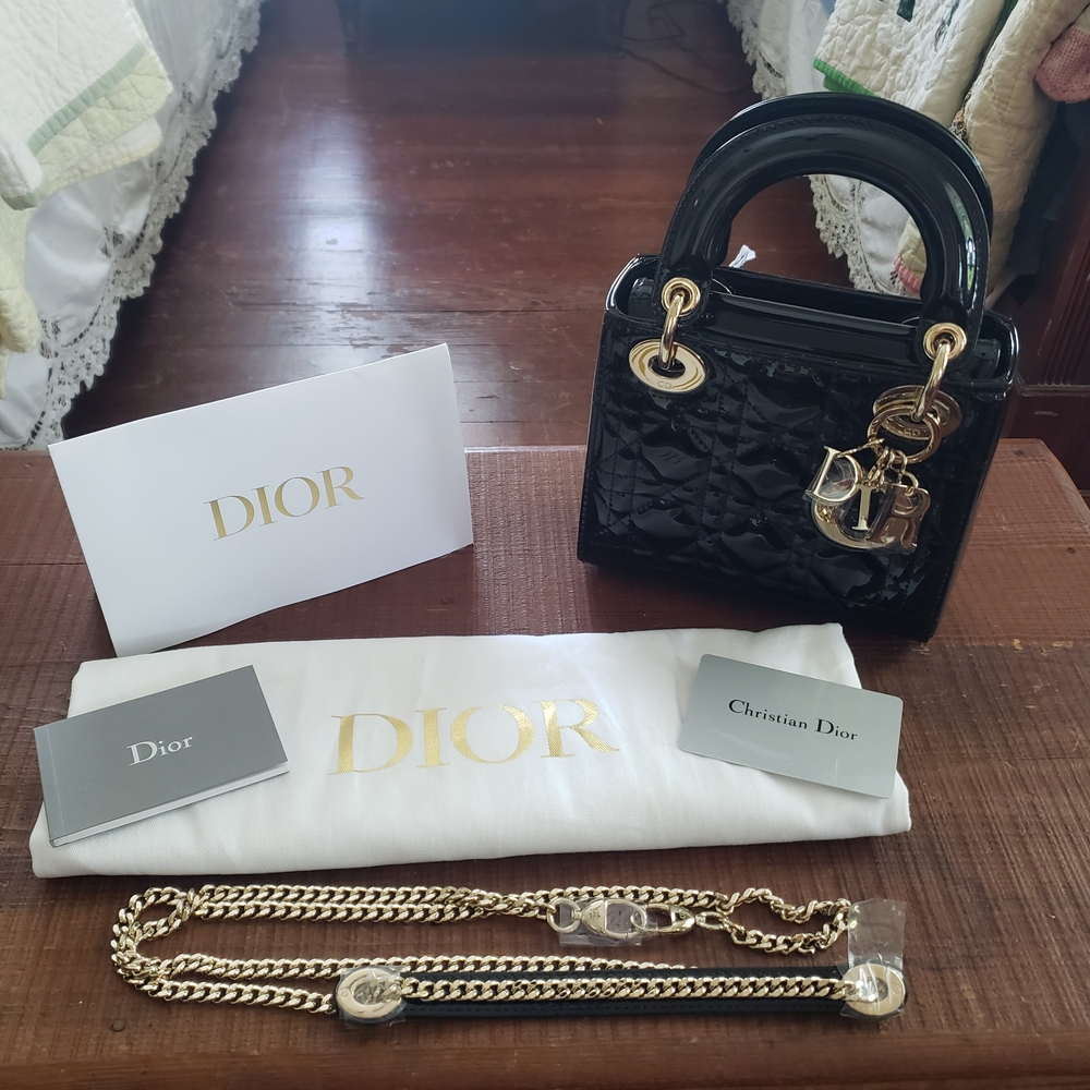 NWT - Dior - Mini Lady Dior Bag - Black Patent Calfskin, Cannage Stitching